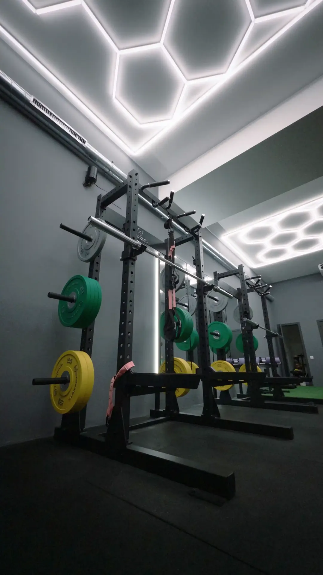 Racks de potencia con barras y discos calibrados disponibles en el alquiler de espacio