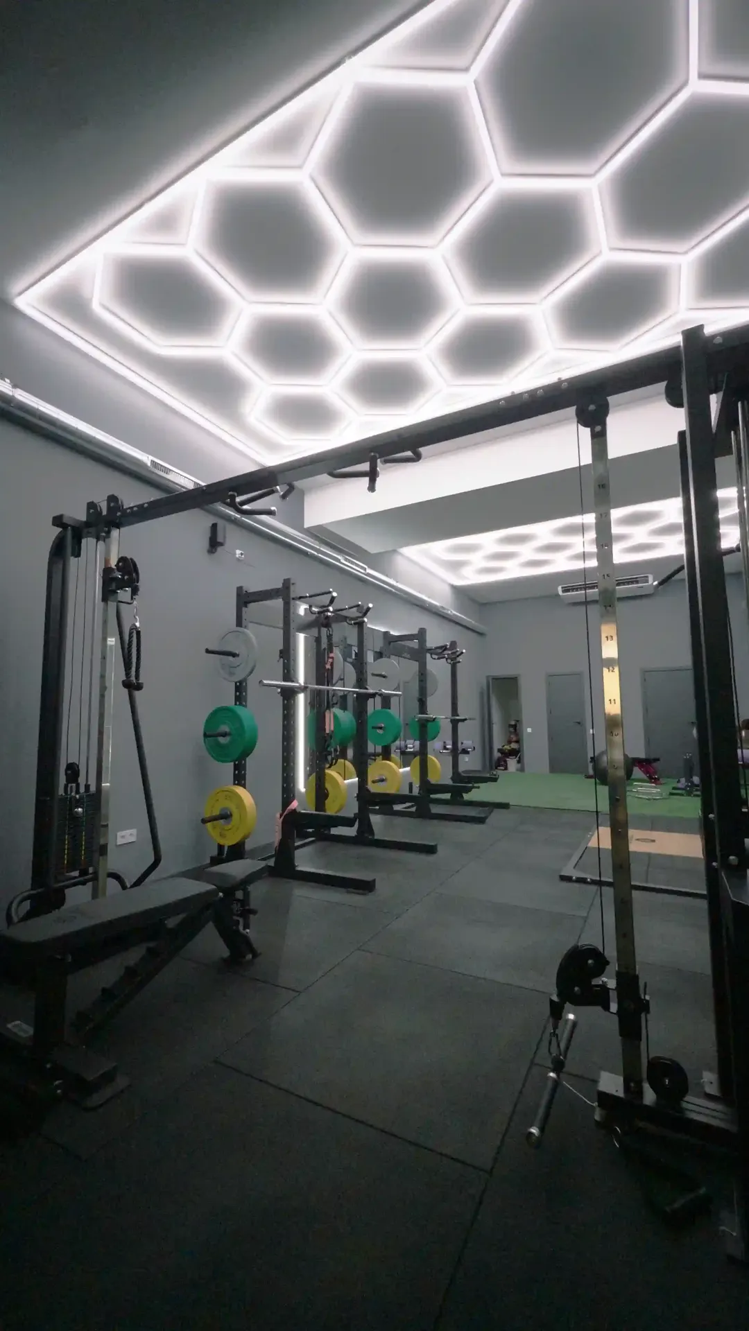 Sala con poleas, banco de press y peso libre disponible para entrenadores